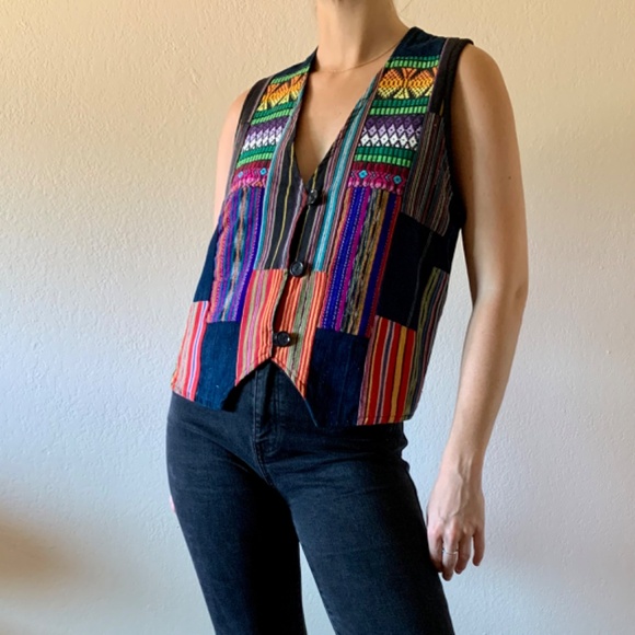 Embroidered Patchwork Vest Handmade Costa Rica Sz Medium - Picture 2 of 10